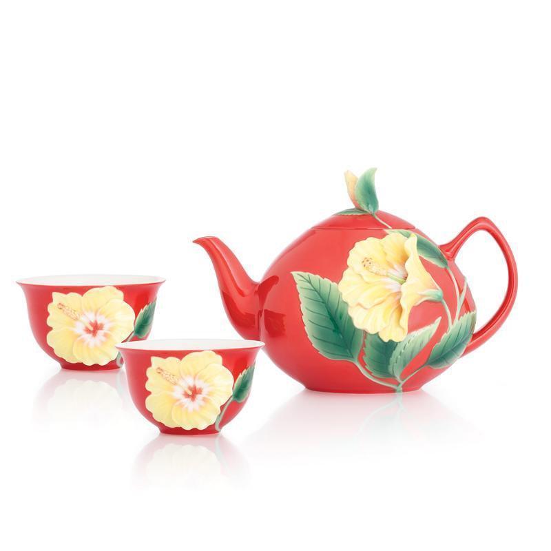 Franz Collection Hibiscus Red Teapot Teacup Set FZ03041