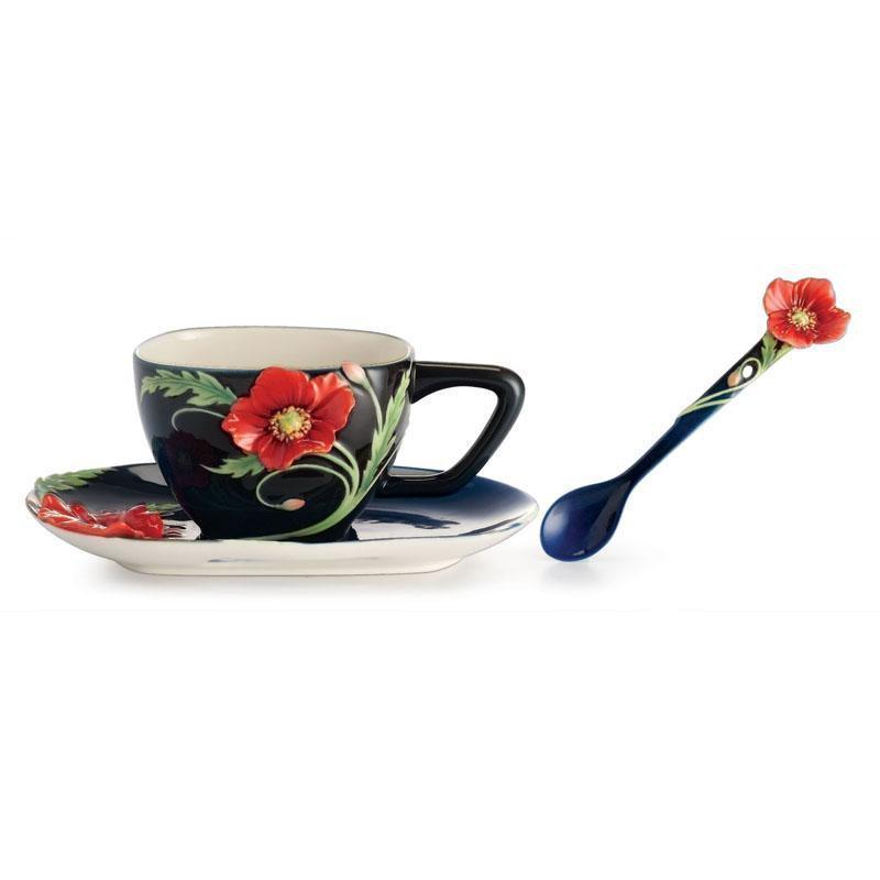 Franz Collection Serenity Poppy Flower Teacup Saucer & Spoon FZ02474