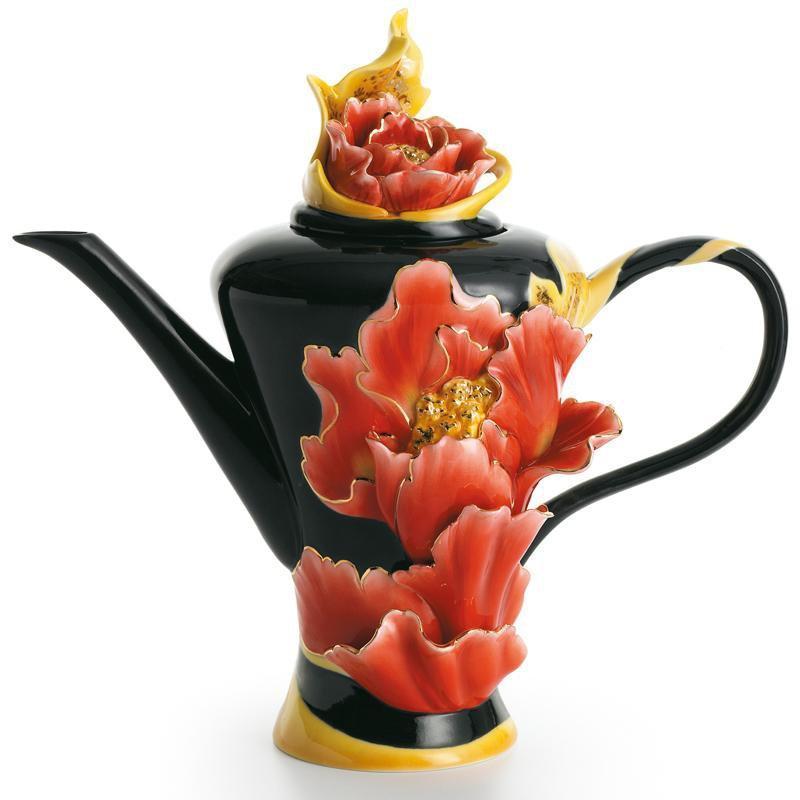Franz Collection Striking Vermillion Peony Flower Teapot FZ01165
