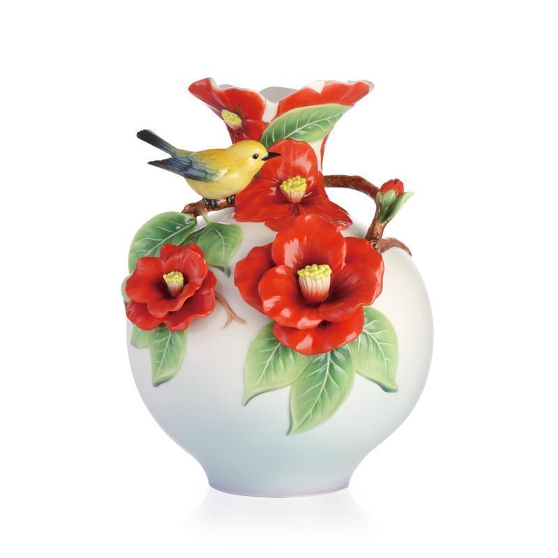 Franz Collection Sweet Encounter Prothonotary Warbler & Camellia Vase FZ02948