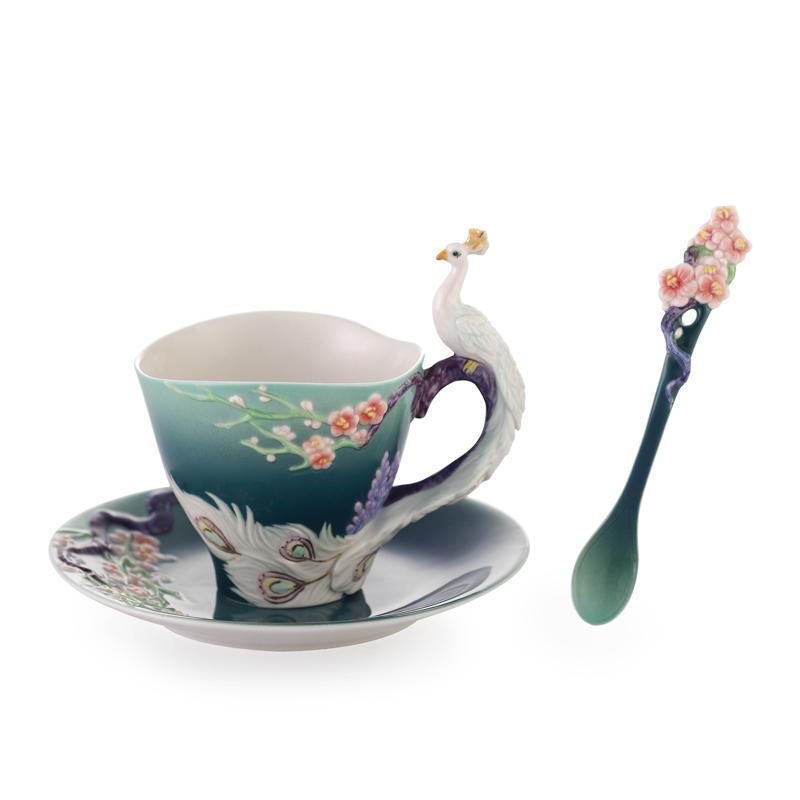 Franz Collection White Peacock Cup Saucer & Spoon FZ03555