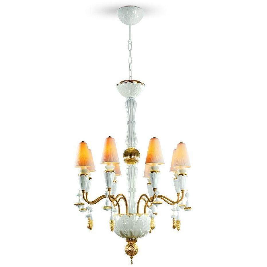 Lladro Ivy & Seed 8 Light White And Gold Chandelier 01023802