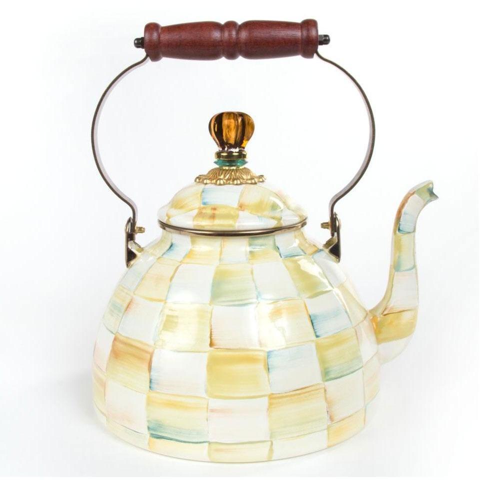 MacKenzie Childs Parchment Check Tea Kettle 3 QT