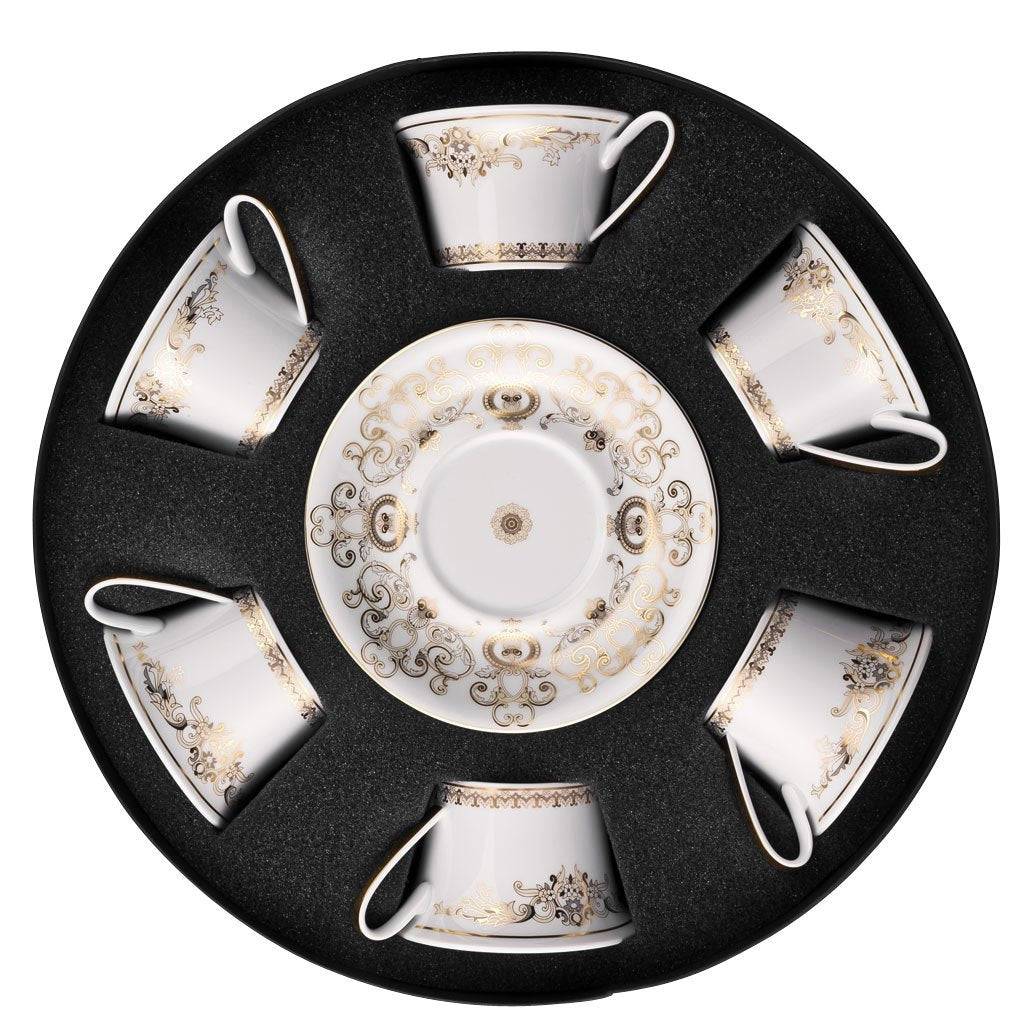Versace Medusa Gala Set Of 6 Low Cup Tea Cups & Saucers Round Hat Box 19325-403635-29253