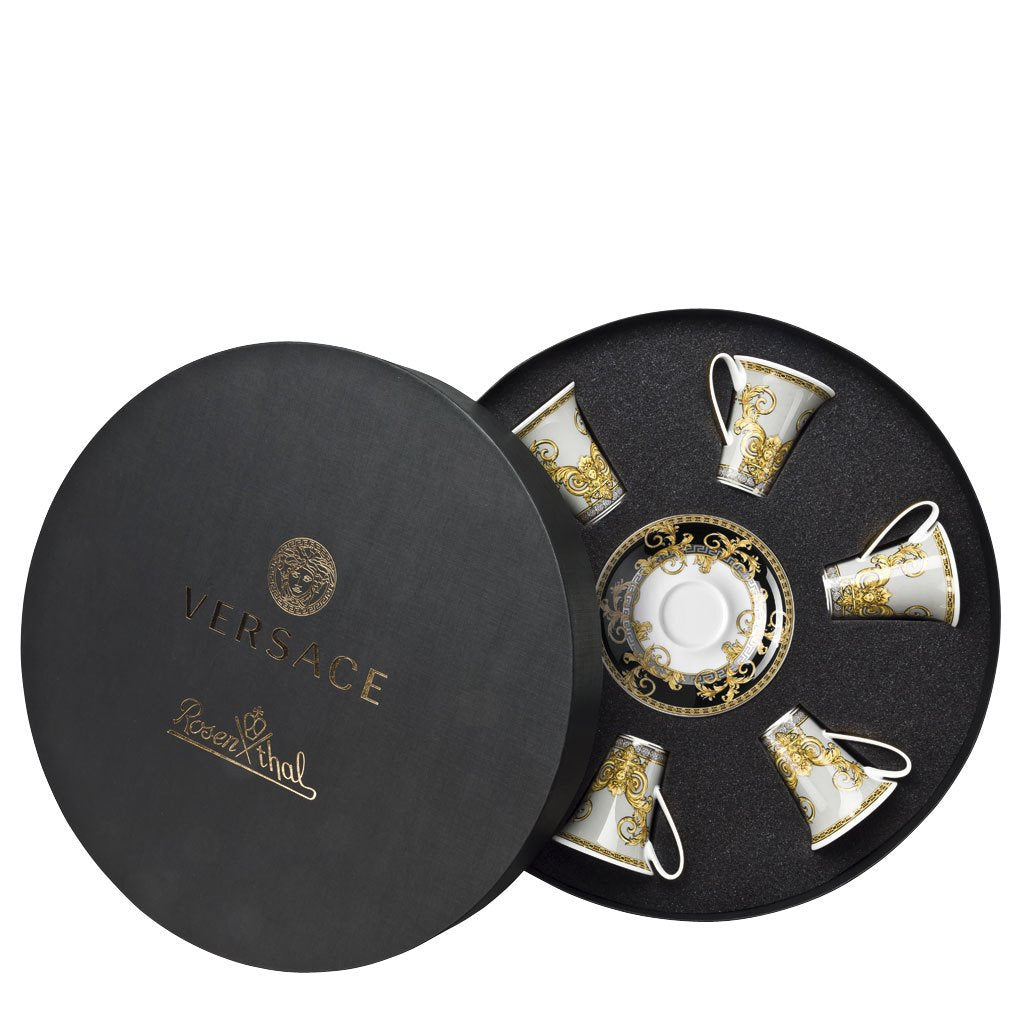 Versace Prestige Gala Six Espresso Cup & Saucers Round Hat Box 19325-403637-29254