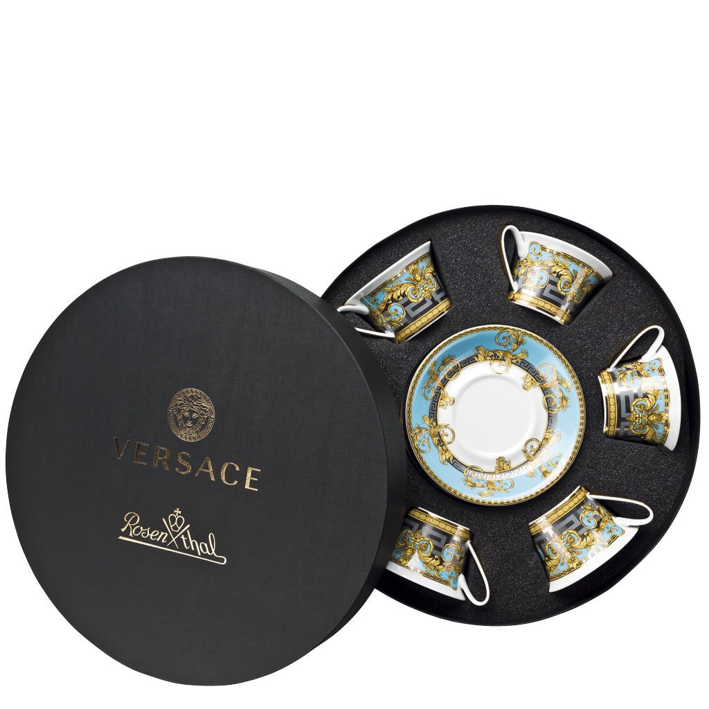 Versace Prestige Gala Le Bleu Set of six Low Cups Tea Cups & Saucers Round Hat Box 19325-403638-29253