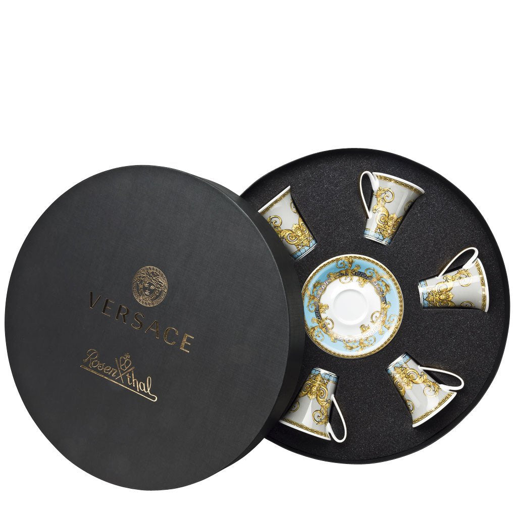 Versace Prestige Gala Le Bleu Set of 6 Espresso Cups & Saucers Round Hat Box 19325-403638-29254